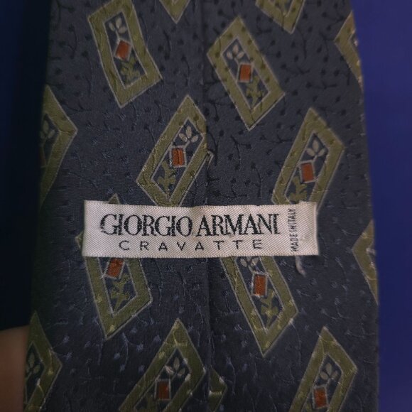 Giorgio Armani Cravatte Silk Tie With Geometric Pattern Navy & Olive Made In Ita - Picture 3 of 8